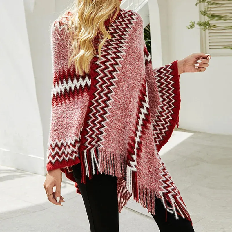 Chales de capa para mujer Otono Invierno Sueteres para mujer Poncho Capas tejidas Capa Sueter con cuello en V Dobladillo irregular Borlas Abrigo