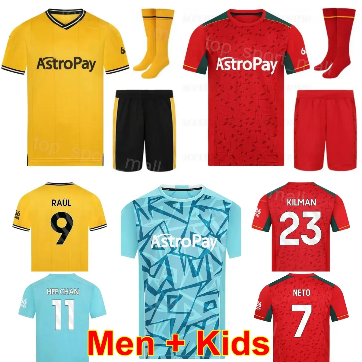 2023-24 Man Youth Club Team Soccer 7 Pedro Neto Jersey Set 9 Raul Jimenez 11 Hwang Hee-Chan 12 Matheus Cunha 17 Hugo Bueno 1 JOSE SA Football Shirt Kits Red Yellow Blue