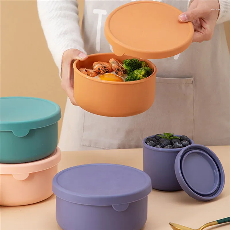 Boîte à déjeuner en Silicone, vaisselle, conservation fraîche avec couvercle, Bento, bol à salade de fruits, Portable, rangement rond scellé, cuisine