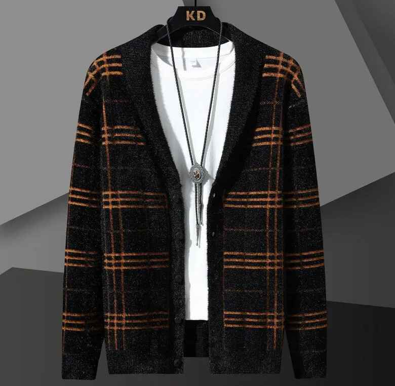 Sueter de disenador para hombre cardigan a cuadros negro ajustado de manga larga sueter de otono para hombre chaqueta de punto suave y liso