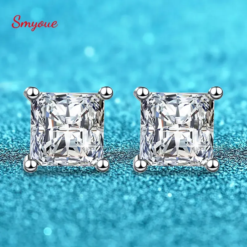 Stud Smyoue Princess Cut 122CT örhängen för kvinnor Män VVS Simulerade Diamond Ear Studs 925 Sterling Silver Jewelry 231023