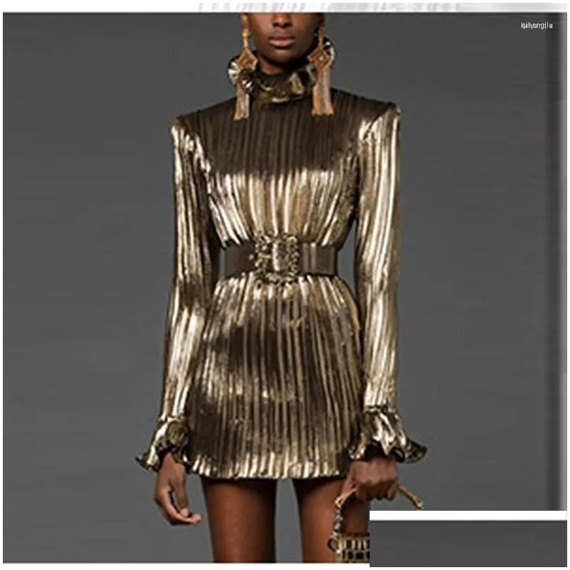 Grundlegende Freizeitkleider Freizeitkleider High Street Est Fashion 2022 Runway Designer Womens Sparkle Gold Long Sleeve Belted Plissee Appa Dhesl