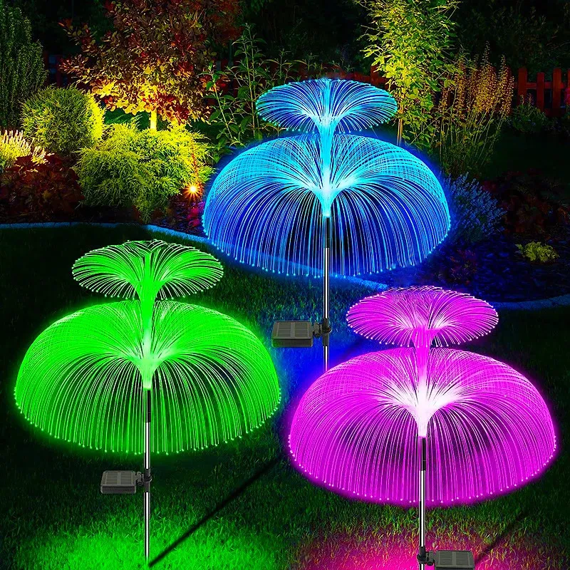 Décorations de jardin Double méduse solaire lumière 7 couleurs lampes de jardin solaires LED lumières à fibres optiques décoration étanche extérieure lampe au sol 231023