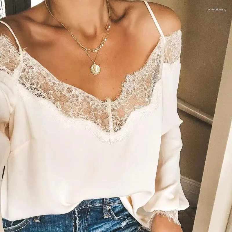 Women's Blouses 2023 Autumn Lace Chiffon Long Sleeve Blouse Women Elegant Sexy Off Shoulder Tops Casual Loose Fashion V Neck T-shirt Mujer