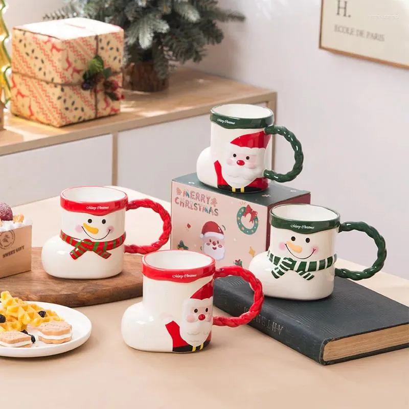 Mugs Cute Santa Claus Christmas Stocking Shape Ceramic Mug Coffee Tea Milk Handle Cup Gift Box For Friends Drinkware