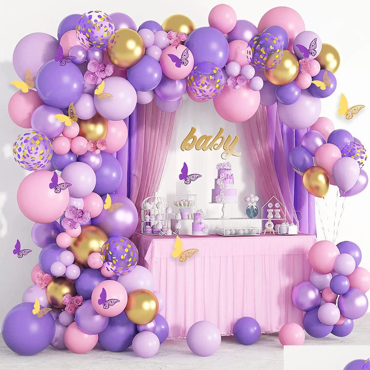 Autres événements Fournitures de fête Papillon Violet Ballon Garland Arch Kit Joyeux Anniversaire Décor Enfants Baby Shower Latex Ballon Chaîne Wedd Dhog7