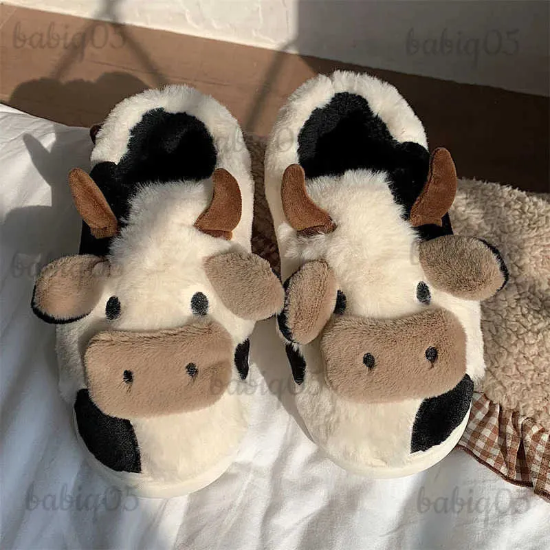 Slippers Groothandel Melk Koe Pluizige Bont Slippers Vrouwen Winter Warm Gesloten Pluche Thuis Slippers Harige Fuzzy Platte Schattige Dieren Slides Schoenen T231024