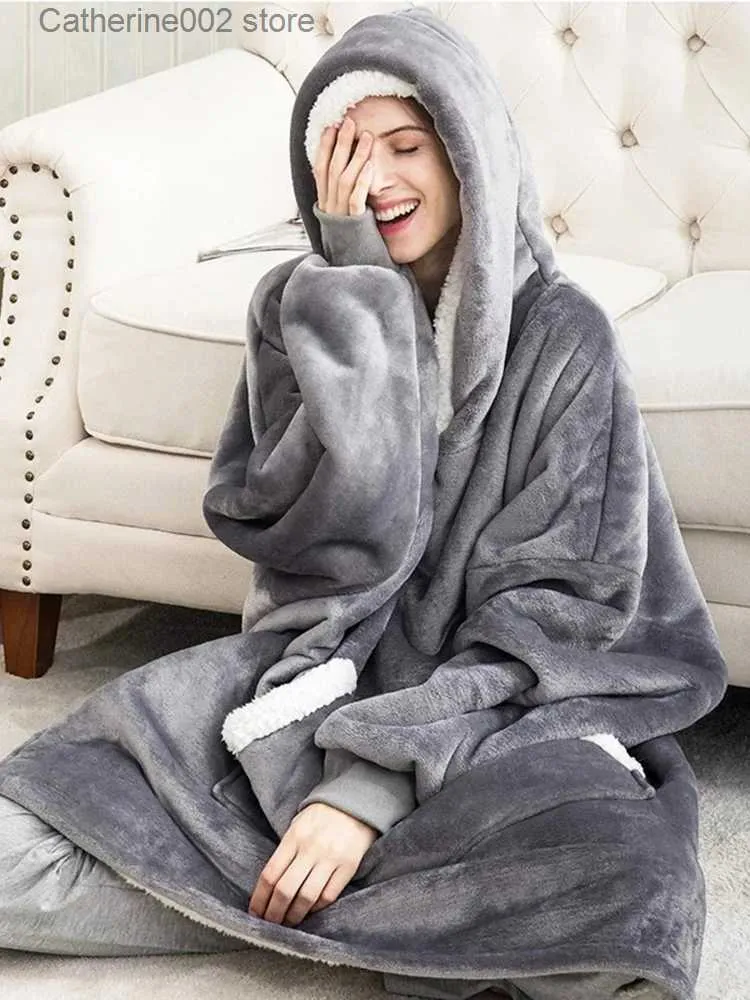 Felpa con cappuccio oversize per salotto da notte da donna Felpa con cappuccio invernale da donna indossabile per la famiglia TV Coperta con maniche Felpa con cappuccio scozzese in pile Sherpa T231024