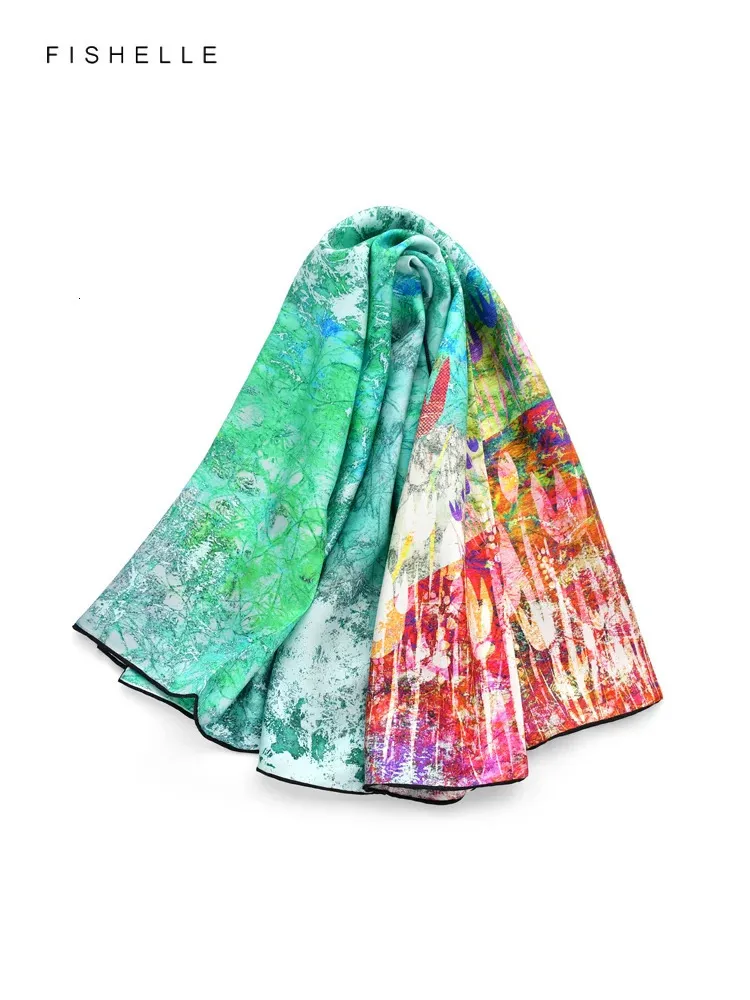 Sarongs Green tulip printed natural silk scarf for women 100% real silk luxury big square wrap bandana shawl gift for ladies 231023