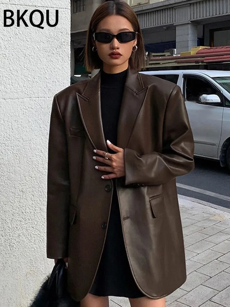 Women's Suits Blazers BKQU Vintage Brown Leather Loose Blazer Coat Women Casual Black Long Sleeve Flap Pockets Suit Jacket Oversized Streetwear 231023