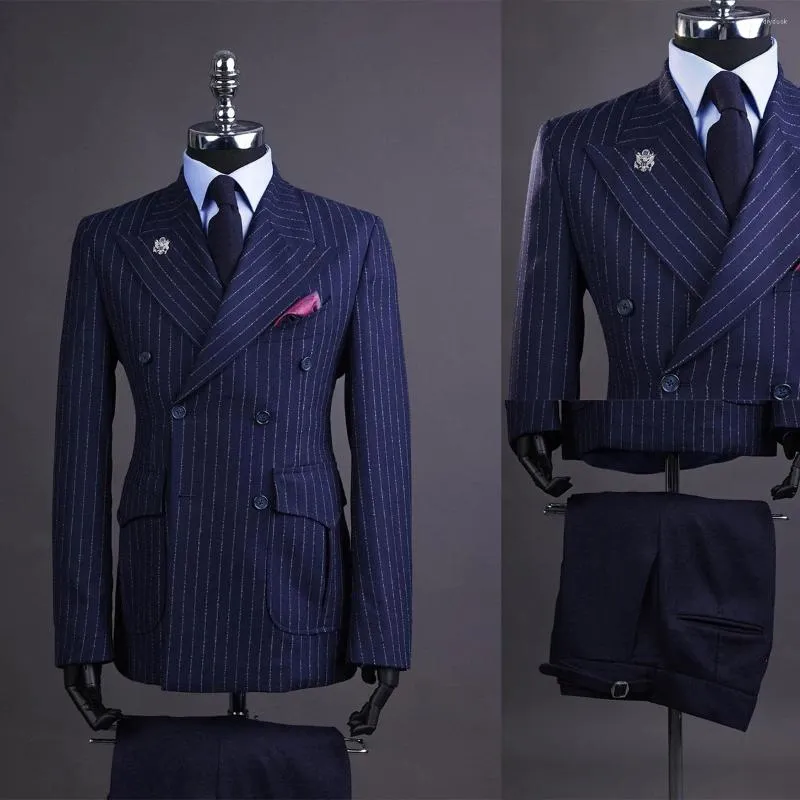 Men's Suits Navy Tailored 2 Pieces Blazer Pants Peaked Lapel Double Breasted Pinstripes Wedding Groom Custom Made Plus Size