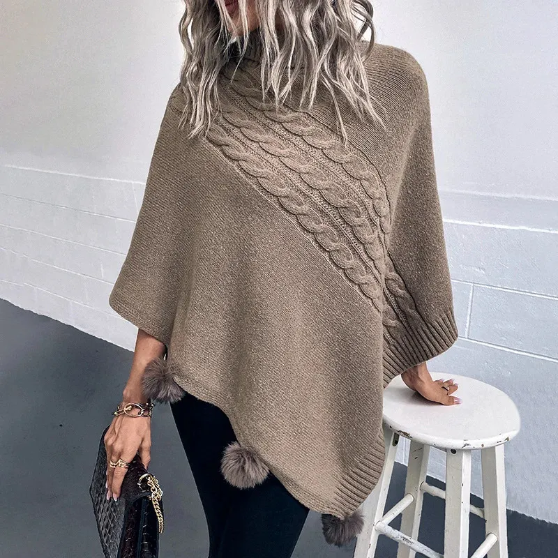 Women's Cape Women's Jackets Leisure Faux Fur Balls Knitted Poncho Oversized Pullover Solid Cape Shawls for Women Loose Sweater Winter Shawl Autumn Knitwear 231023