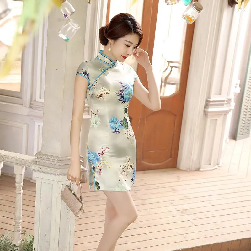 Ethnische Kleidung Traditionelle chinesische Mujer Vestido Damen Cheongsam Mini Qipao Kleid Blumen