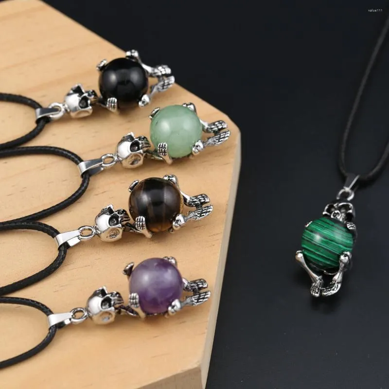 Pendant Necklaces Natural Amethyst Necklace Skull Shape Green Aventurine Leather Rope Chain For Jewelry Gift