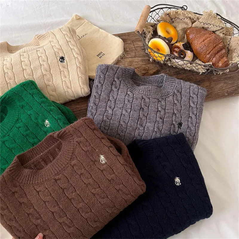 Brand Children Warm Sweater Autumn Winter Boys Girls Solid Color Embroidered Retro Long Sleeve Knitwear Baby Pullover Twisted Sweaters