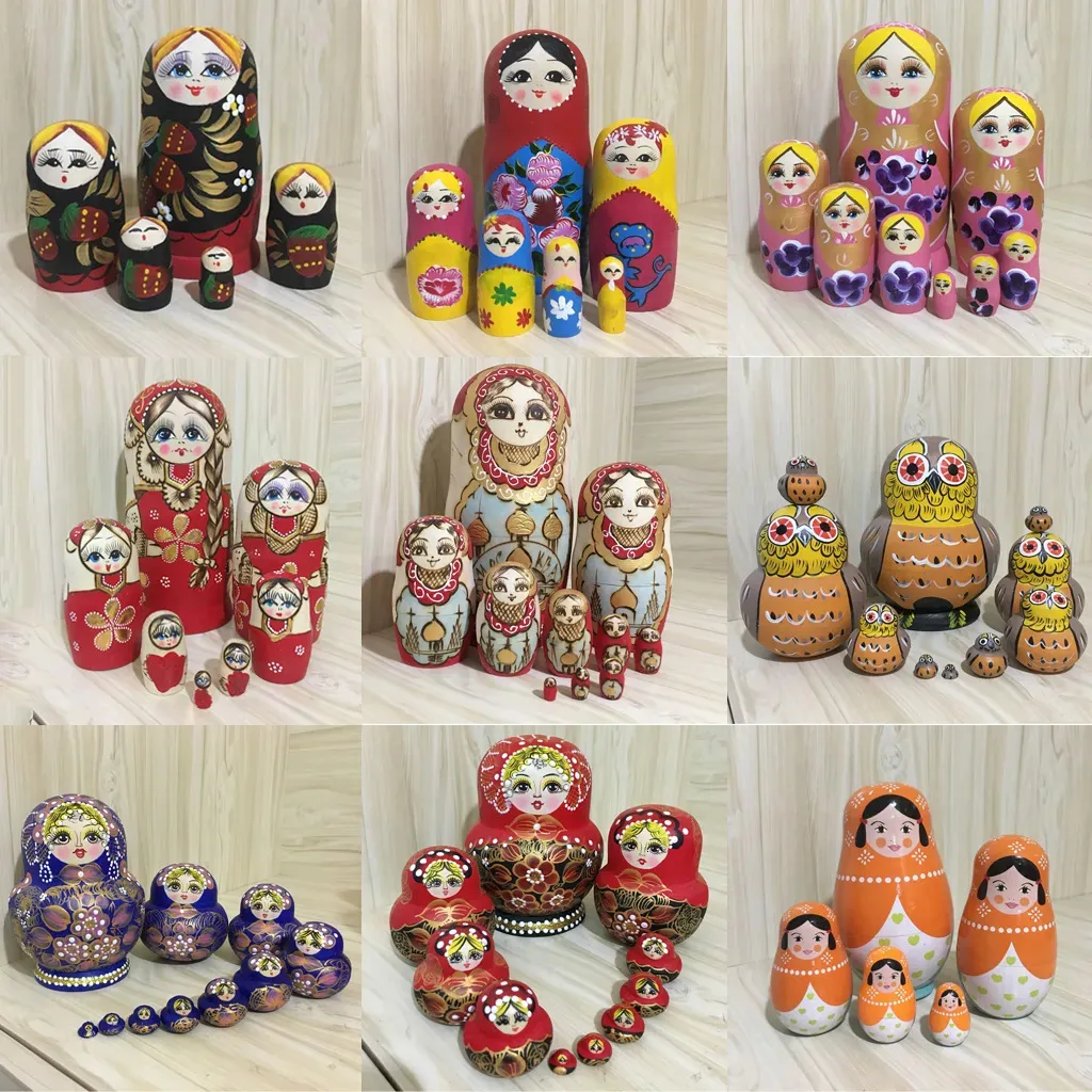 Bambole di nidificazione in legno dipinte a mano Matrioska Babushka Set Bambole russe Decorazione della casa Compleanno per bambini Regali di Natale 231024