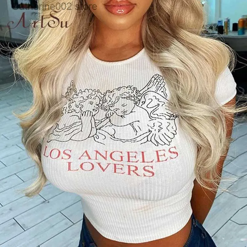 Damen-T-Shirt Artsu Kawaii Angel Print T-Shirt für Frauen Sommerkleidung Crop Tops Casual Baumwolle Kurzarm Top Tees T-Shirt ASTS60791 T231024