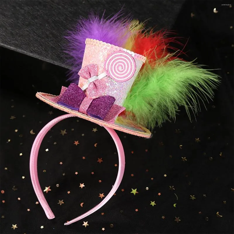 Hårtillbehör Candy Color Hoop Headdress Steampunk Mini Top Hat Fascinator Pannband Kid Vuxen Bow Feather Headwear Costume Accessory