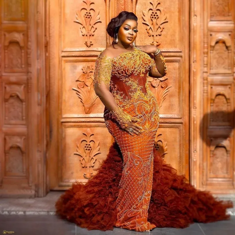 Luxo africano mulheres plus size vestidos de noite 2024 beaidng applique sereia vestido de baile mangas compridas ocasião especial vestidos de recepção