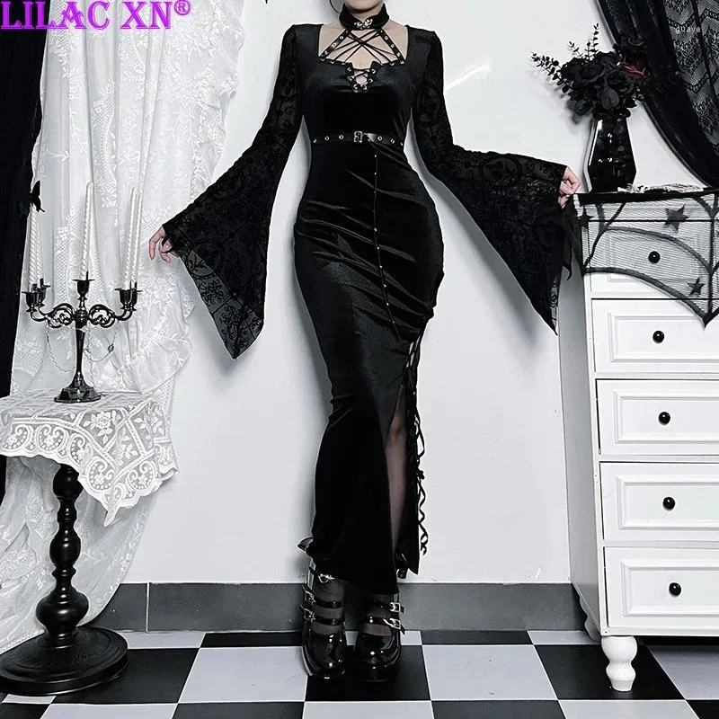 Casual Dresses Goth Sexy Bandage Flared Sleeve High Slit Bodycon Long Vintage Elegant Black Velvet Lace Mesh Party Vestido