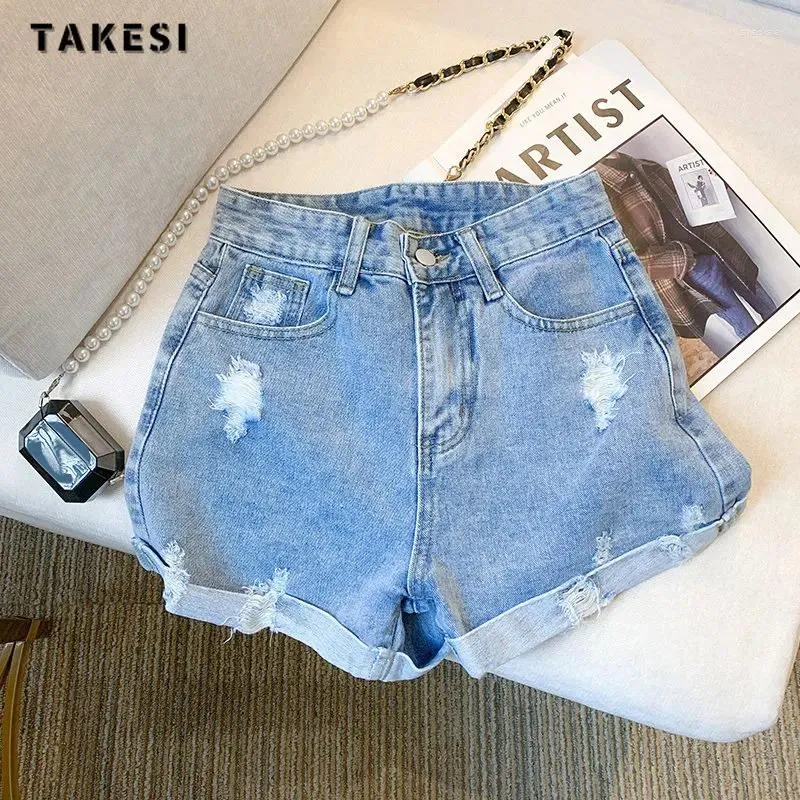 Kvinnors shorts harajuku söt hög midja rippad blå denim mode casual sexig smal fit y2k street grunge jean kort