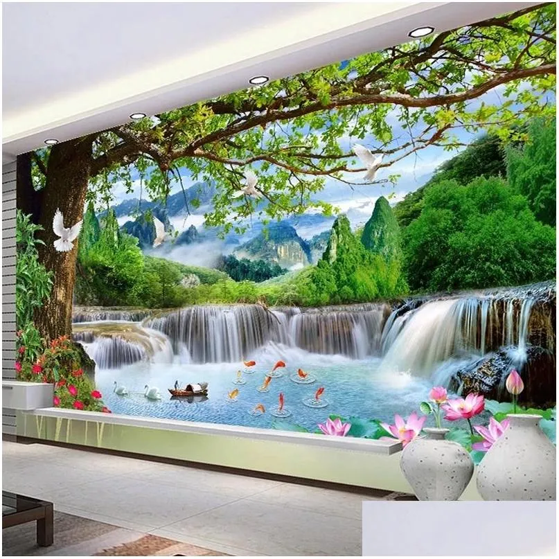 Wallpapers Custom Mural Green Big Tree Forest Waterfall Nature Landscape 3D P O Wallpaper Bedroom Living Room Background Drop Delive Dhbs4