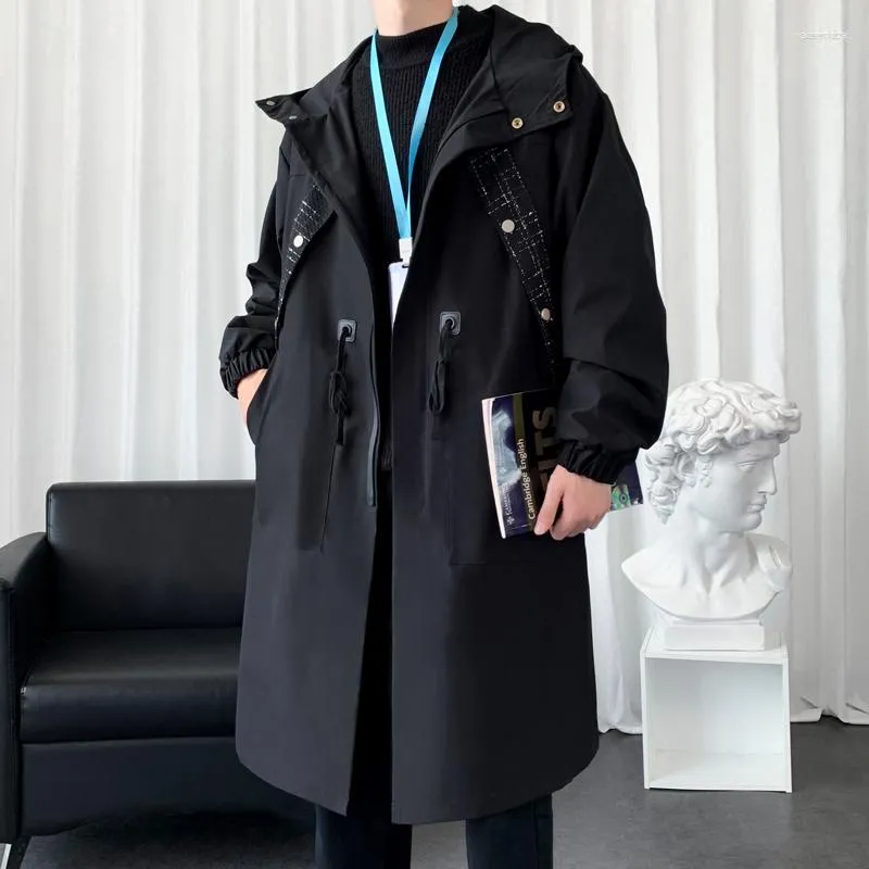 Men's Trench Coats Men's Korean Fashion Men Windbreaker Long Coat Hooded Jacket Harajuku Overcoat Male Casual Outwear Hip Hop