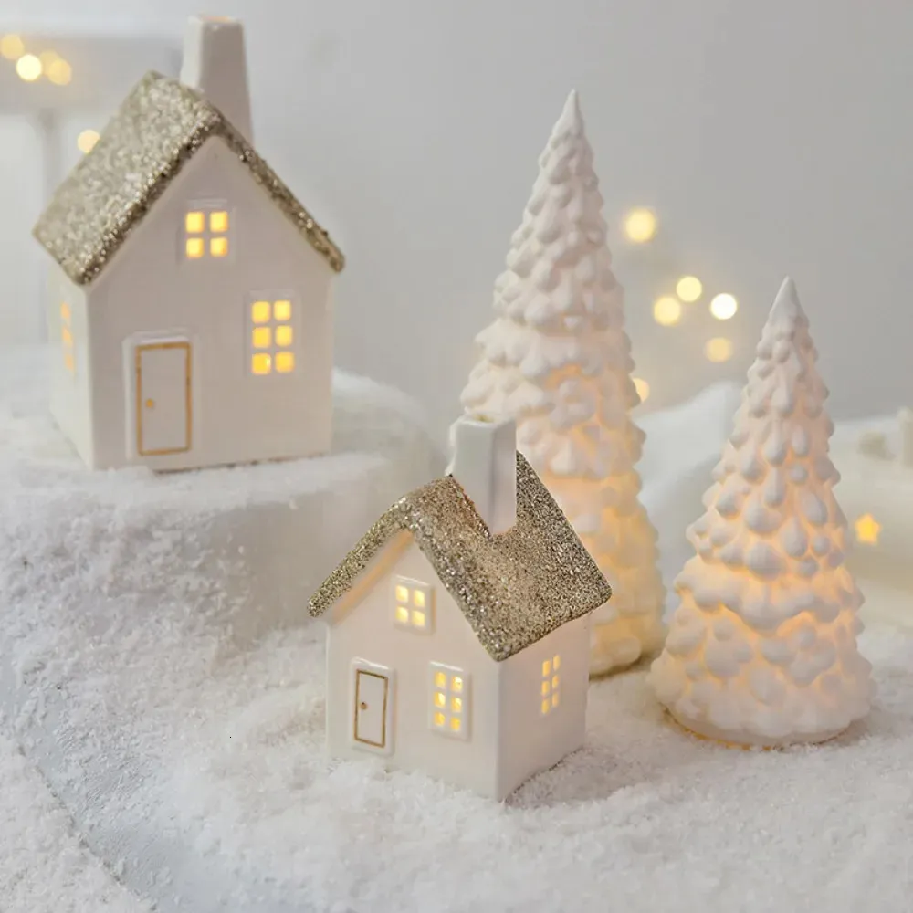 Christmas Decorations Scandinavian Ceramic Small House Crafts Creative Glowing Christmas tree Candlestick Europe Home Night Light Decor home decor 231024