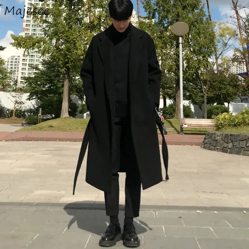 Men's Trench Coats Men Black Wool Blends Vintage Japan Style Loose Sashes Casual Harajuku Outwear Over Knees Allmatch Thickening Warm Korean 231023