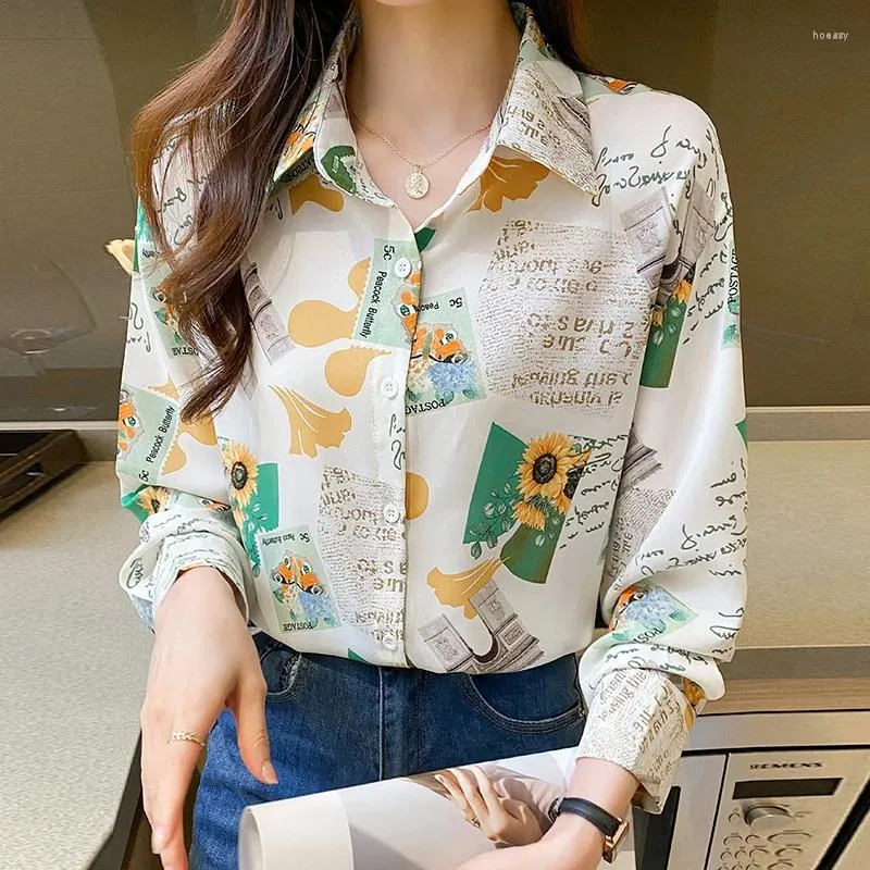 Blouses pour femmes Chemises d'automne pour femmes à la mode à manches longues décontracté boutonné bureau vintage imprimé floral camisas e blusas feminina