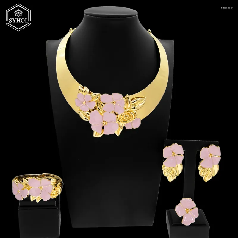 Halsband örhängen set kvinnor blomma smycken original guld pläterad rosa oljedropp knopp engagemang lyxiga syhol