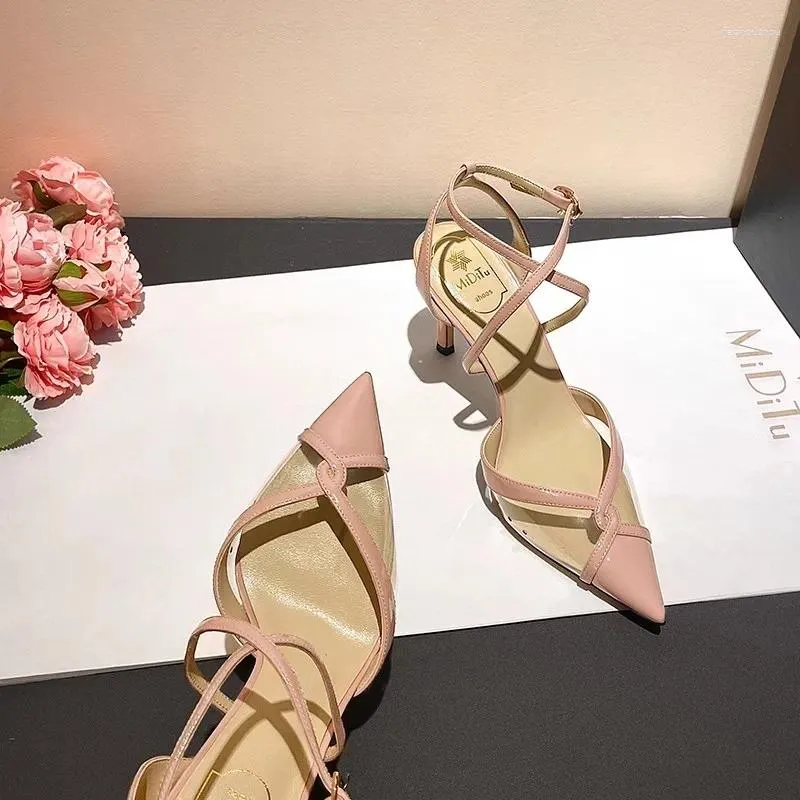 Spring/summer Lacquer Sandals Pointed Leather PVC Spliced with Thin High Heels Banquet Dress Versatile Small Size Women's Shoes 8285