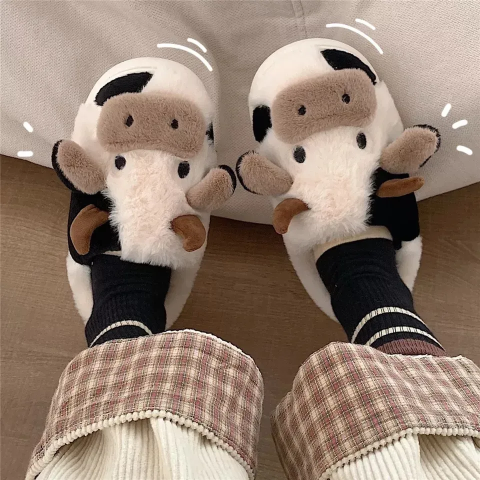 Tofflor Comwarm Cute Animal Furry Slipper For Women Girls Fluffy Winter Warm Slippers Woman Cartoon Milk Cow Home Cotton Shoes 231024