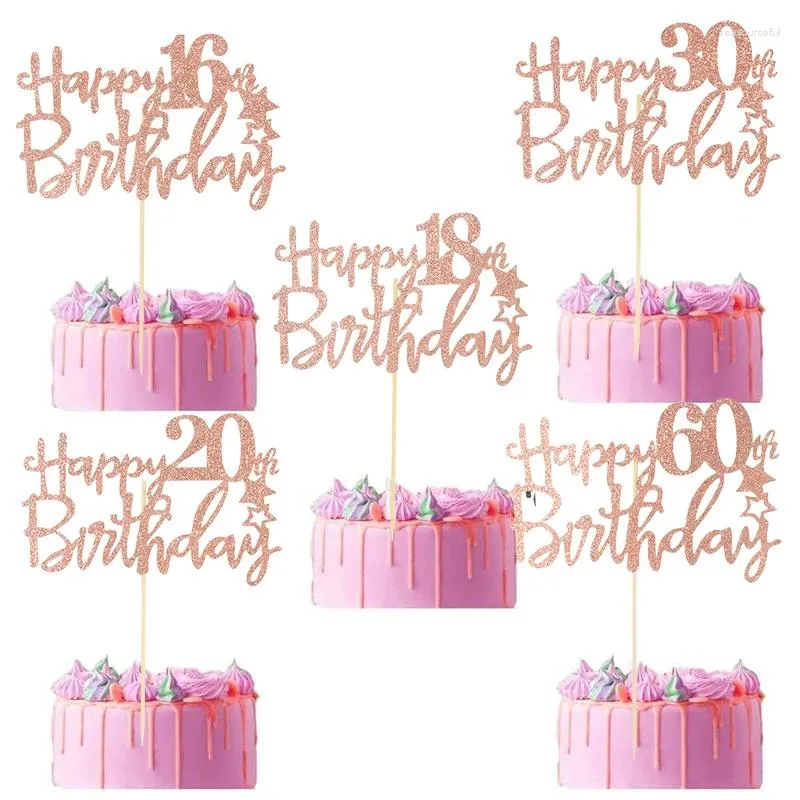 Festive Supplies 3/5pcs Happy Birthday Cake Toppers Rose Gold Glitter 16th 20th 30th 40th Topper For Adult Decor Tool