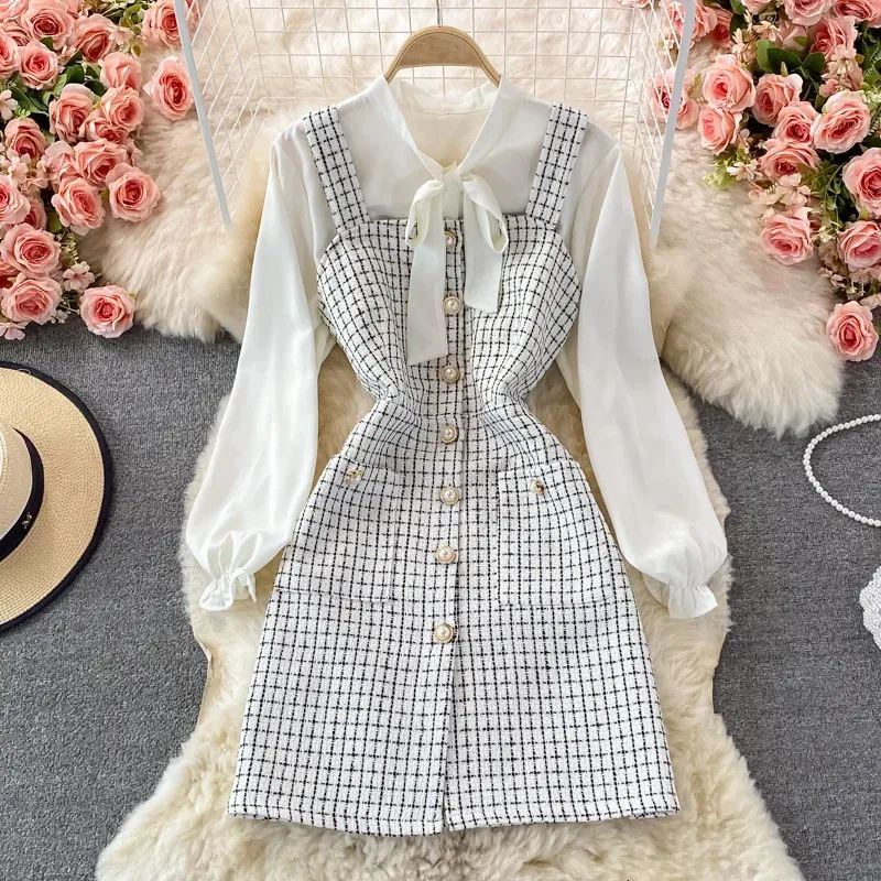 Two Piece Dress, White Bowtied Blouse and Tweed Mini Dress