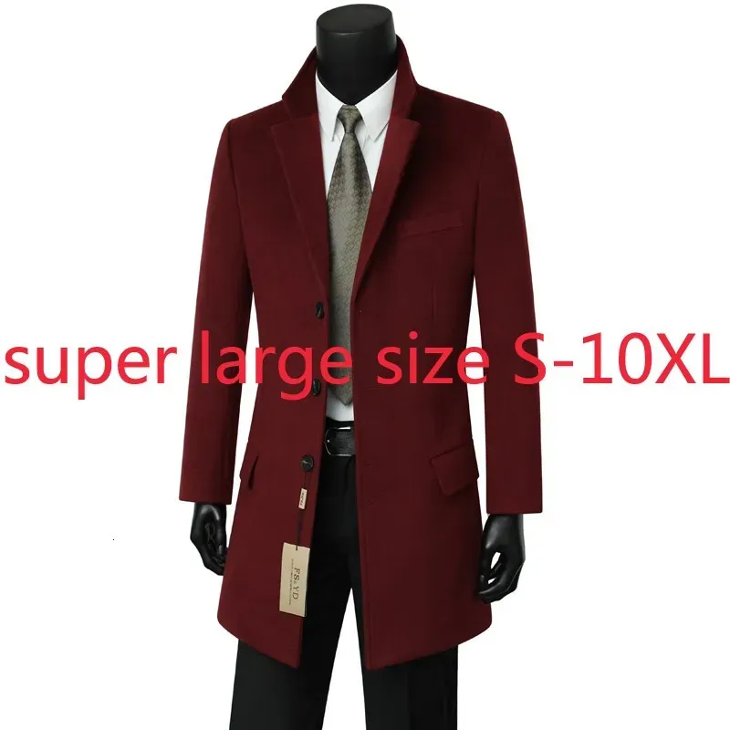 Męskie okopy płaszcze Mężczyźni Wysokiej jakości Suepr Duże mężczyźni wełniany płaszcz zimowy kombinezon młodzieżowy moda moda swobodny pojedynczy piersi gruba grubość w rozmiarze Plus S-10xl 231021