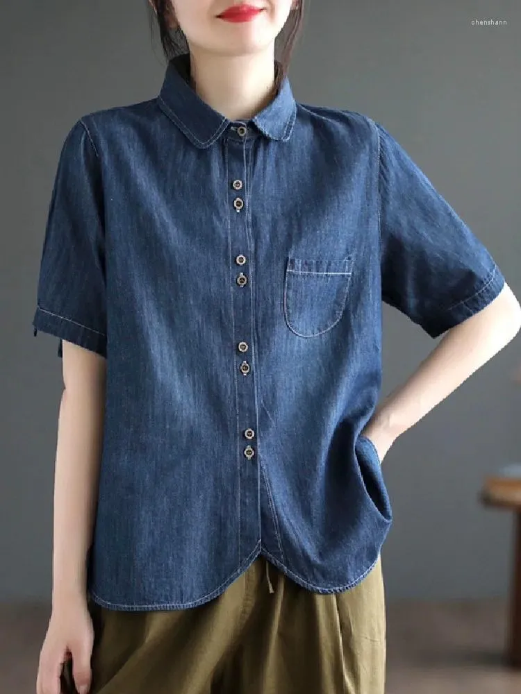 Kvinnors blusar 2023 koreanska mode denim skjortor sommar kvinnor klassiska damer lös vintage fritid tvättade jeans lyxiga bomullstoppar