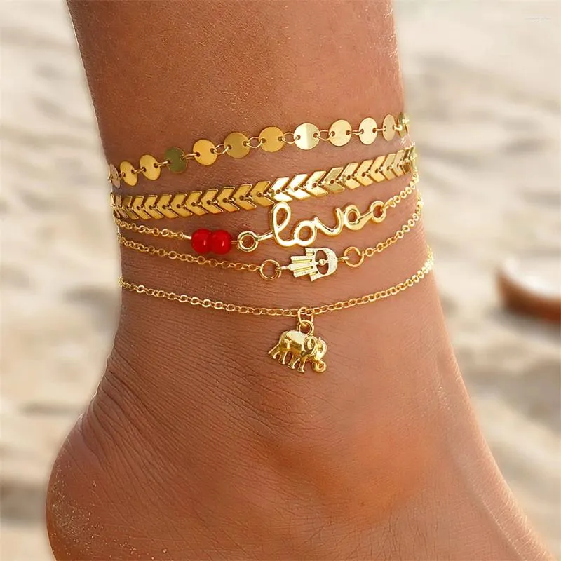 Fußkettchen Vintage Elefant Anhänger Fußkettchen Für Frauen LIEBE Mehrschichtige Kette Strand Sommer Fuß Knöchel Armband Schmuck