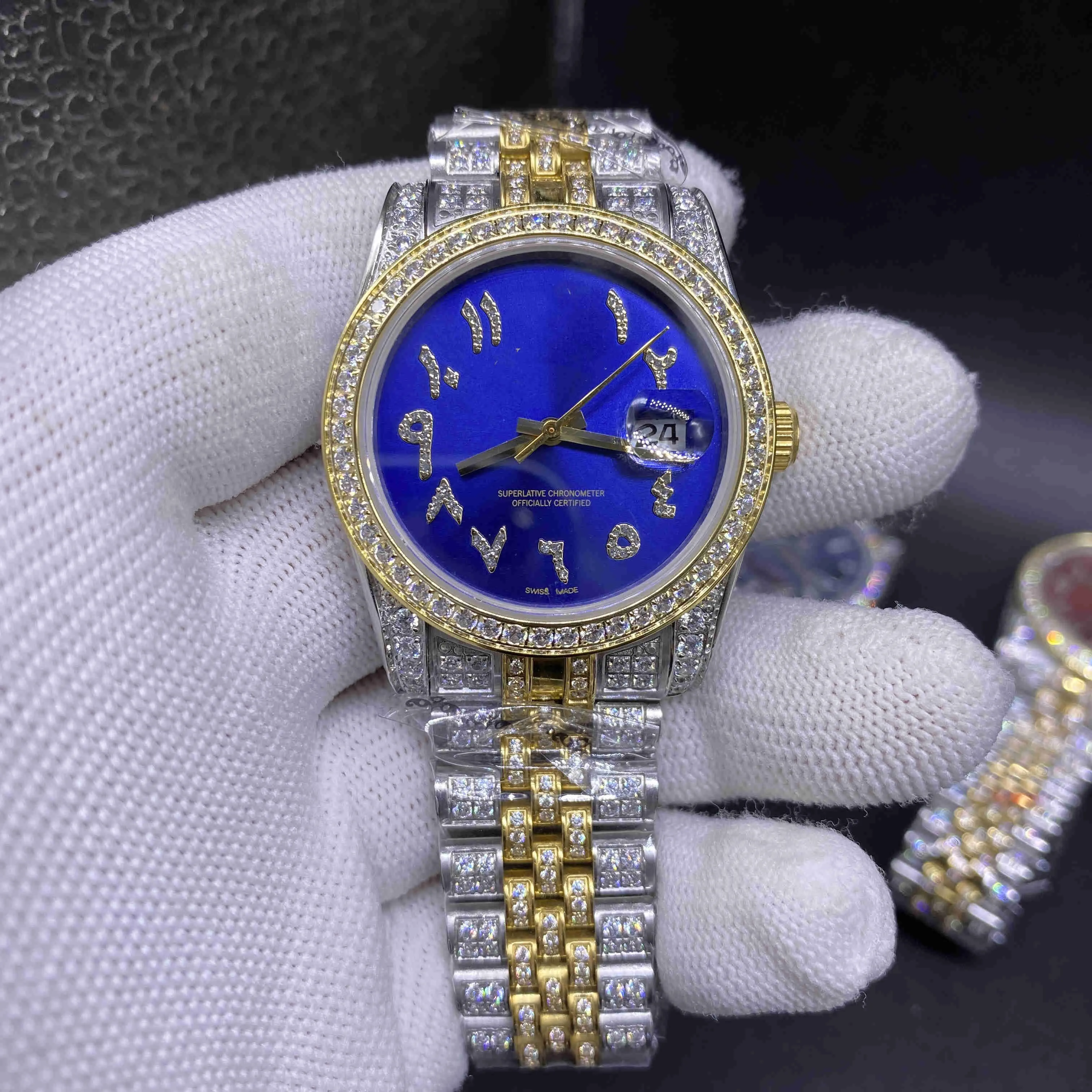 Reloj lleno de diamantes para hombre, caja de acero 904L de oro de 2 tonos, bisel de diamante de 36 mm, esfera azul, números arábigos, reloj de pulsera con movimiento automático