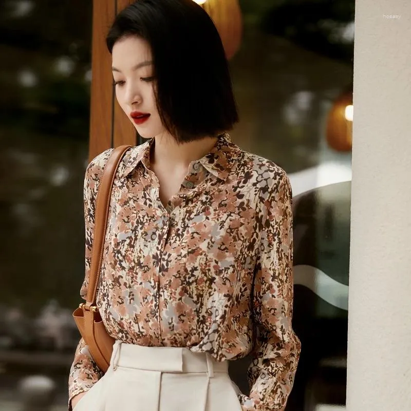 Kvinnor Bluses Satin Shirts Silk Print Vintage Polo Neck Spring/Summer Ladies Clothing Loose Fashion Longeepes Tops