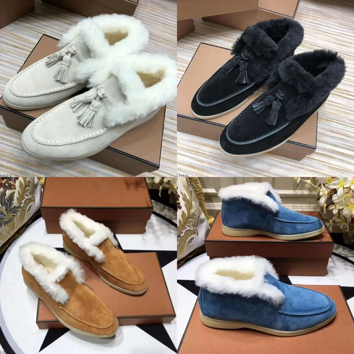 2023 Designer Loro Pianos Mulheres Sapatos Camurça Couro Masculino Mulheres Ao Ar Livre Branco Preto Azul Vestido Casual Sapatos Borlas Inverno Neve Aberto Caminhada Flats