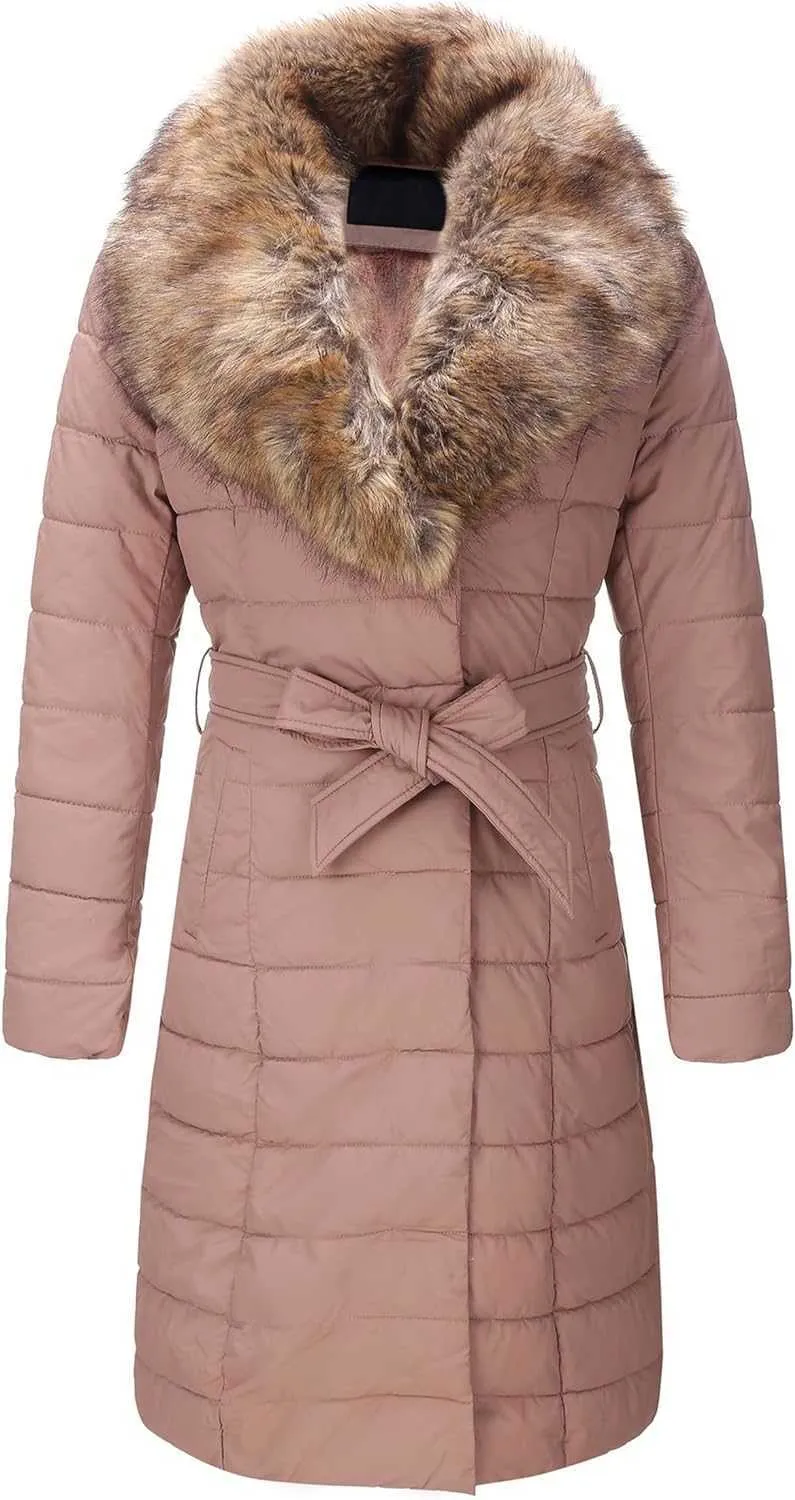 Bellivera Damen-Pufferjacke, Kunstleder, Blasenpolsterung, Sherpa-gefütterter Mantel mit abnehmbarem Pelzkragen, 8X2TQ