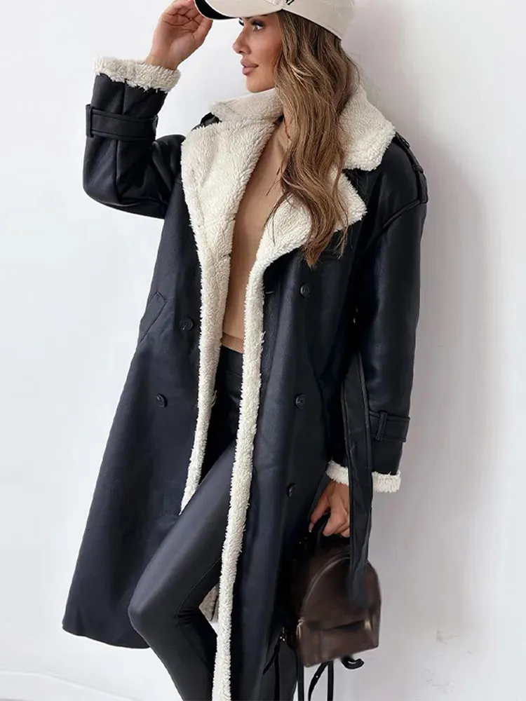 Leather Fur Coat Womens Leather Long Jacket With Belt And