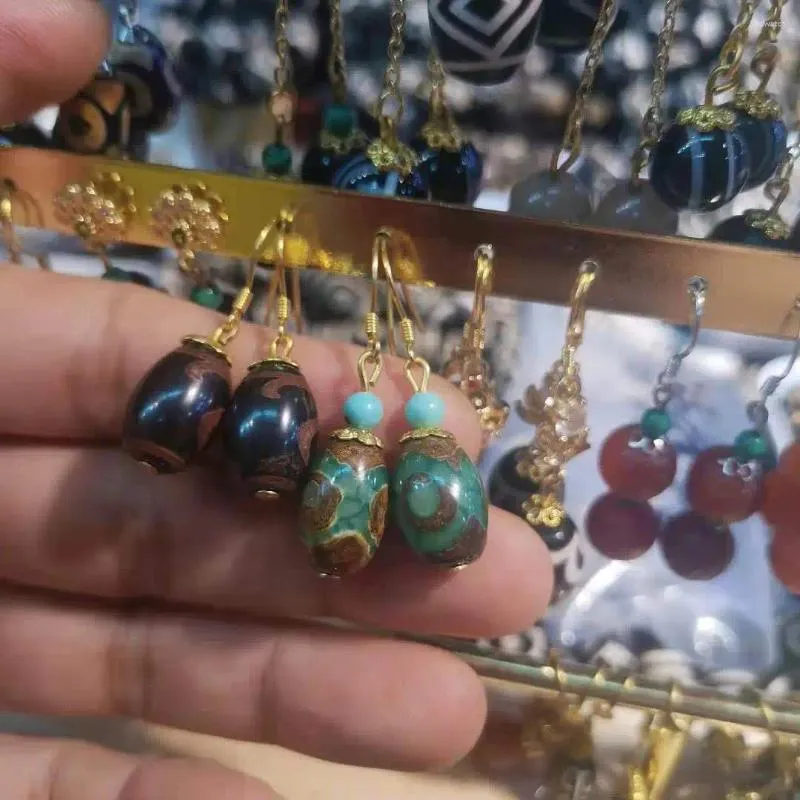 Boucles d'oreilles pendantes 1 pièce/lot, les perles Dzi sont naturelles et rares avec incrustation d'argent S925, une variété de Styles, de couleurs, bijoux, vente en gros en vrac