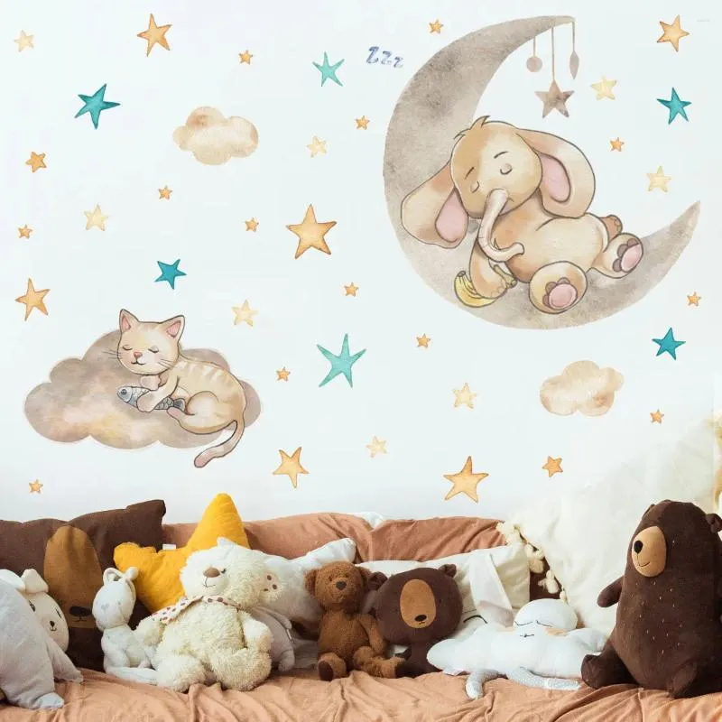 Wall Stickers Lovely Kitten Animals Sticker Baby Elephant Star Cloud For Children's Room Nursery Decoration