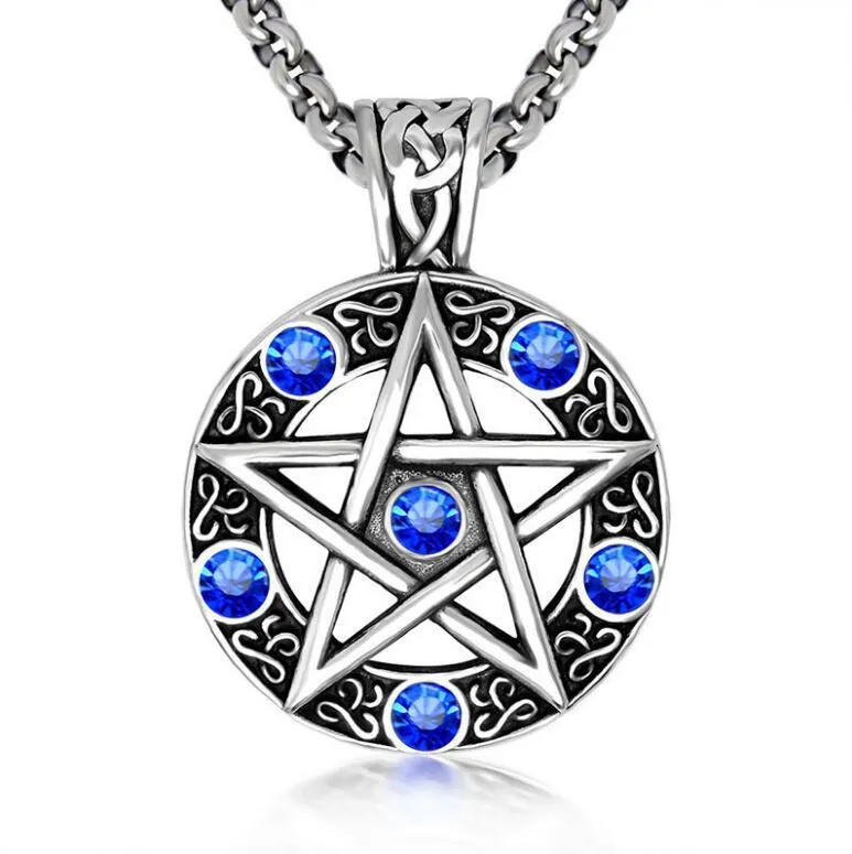 Hip Hop Antique Argent Plaqué Crstayl Hommes Collier Étoile à Cinq Branches Pendentif Homme Pentagramme Pentacle Collier Jeune Garçon Cool Longue Chaîne Sport Collier