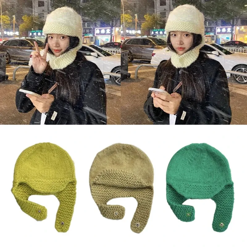 Breda randen hattar hink hattar stickade öronflup beanie elastisk mode öronskydd hatt flickor vinter kvinnor varm hink hatt virkning fångare öronflapp m6cd 231023