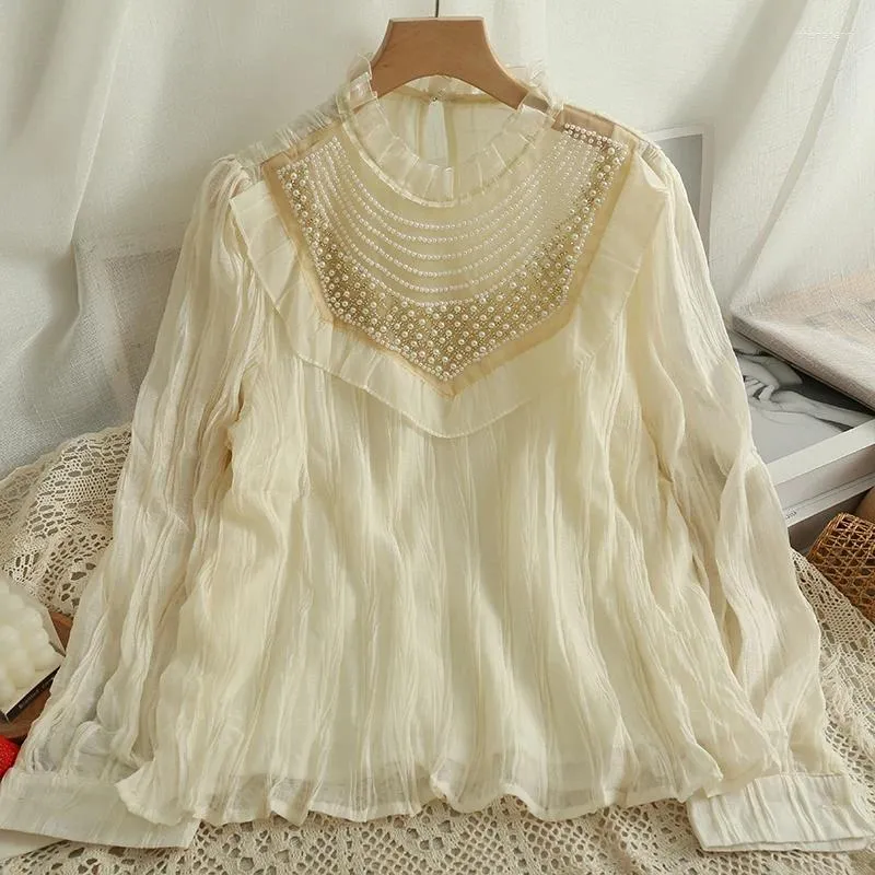 Blusas de mujer Blusas Vintage pedreria pesada estilo coreano mujeres Tops manga larga suelta dulce moda blusa Patchwork malla ropa femenina