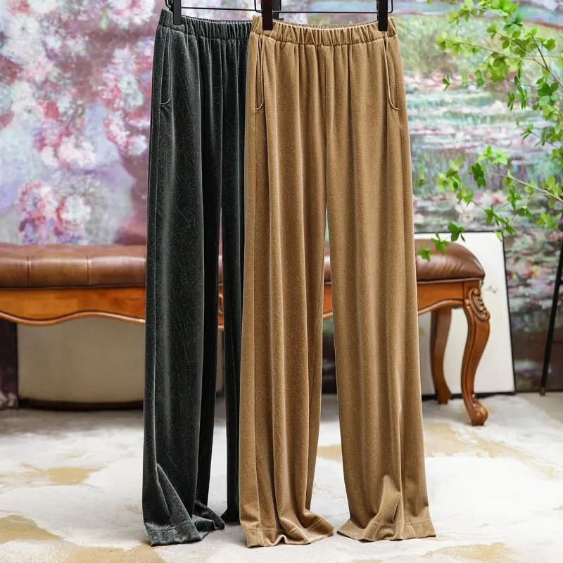 Pantalones de mujer cintura elástica terciopelo dorado Micro pierna ancha aire femenino 2023 moda de otoño liso Simple Casual versátil suelto