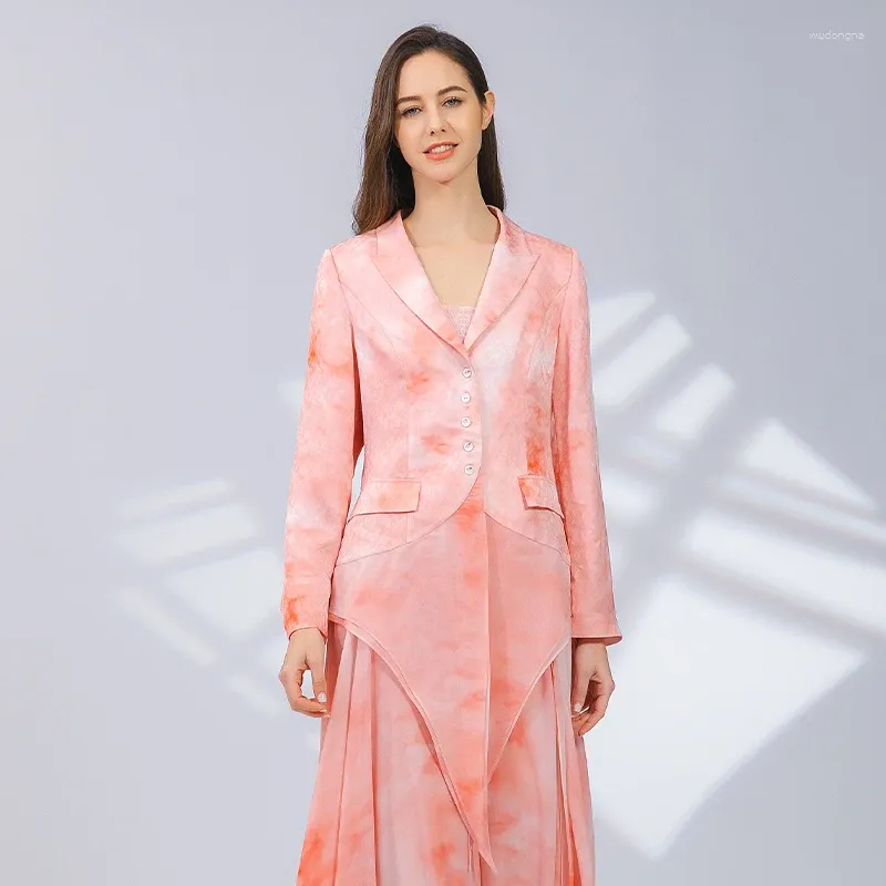 Kvinnorjackor Jacquard Silk Paneled Georgette Single-Breasted Long-Sleeve Lapel Collar Soft Pink Suit Women Jacket 2023 WY033